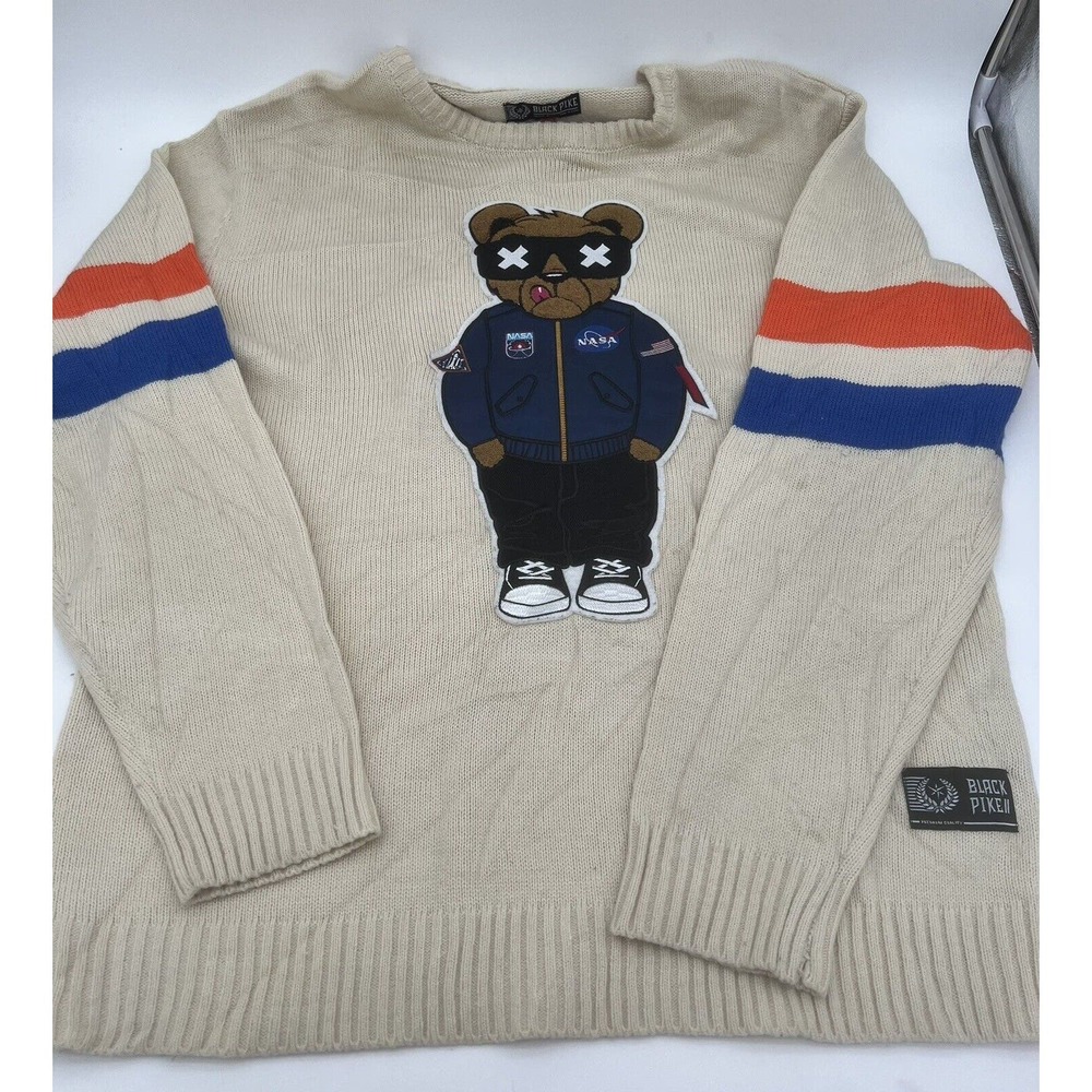 Black Pike Sweater Men Size XXL Crew Neck USA Bear NASA Orange Blue Red